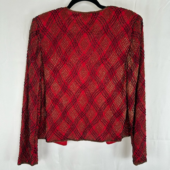 Vintage Papell Boutique Red and Gold Sequins Plaid Cropped Silk Evening Jacket - Picture 6 of 8